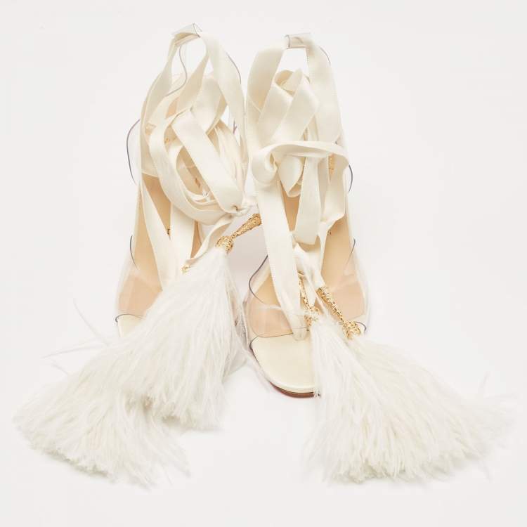 Pre Owned Christian Louboutin White Satin and PVC Marie Edwina Ankle Wrap Sandals Size 36