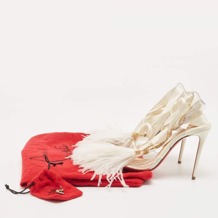 Pre Owned Christian Louboutin White Satin and PVC Marie Edwina Ankle Wrap Sandals Size 36