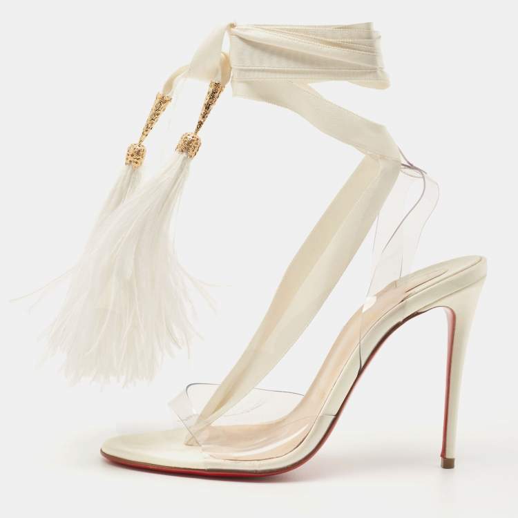 Pre Owned Christian Louboutin White Satin and PVC Marie Edwina Ankle Wrap Sandals Size 36
