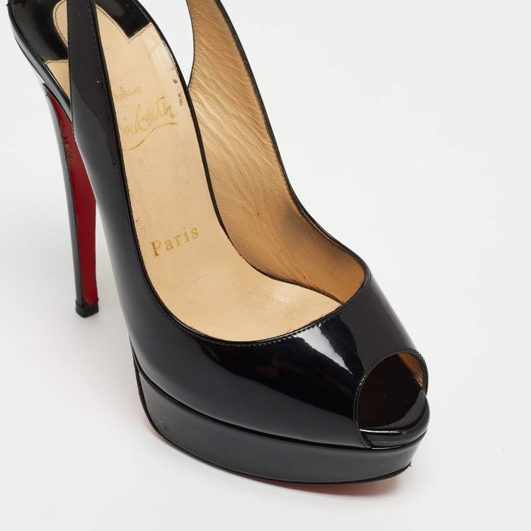 Pre Owned Christian Louboutin Black Patent Leather Private Number Peep Toe Platform Slingback Pumps Size 37