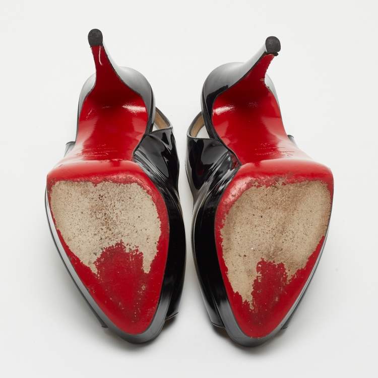 Pre Owned Christian Louboutin Black Patent Leather Private Number Peep Toe Platform Slingback Pumps Size 37