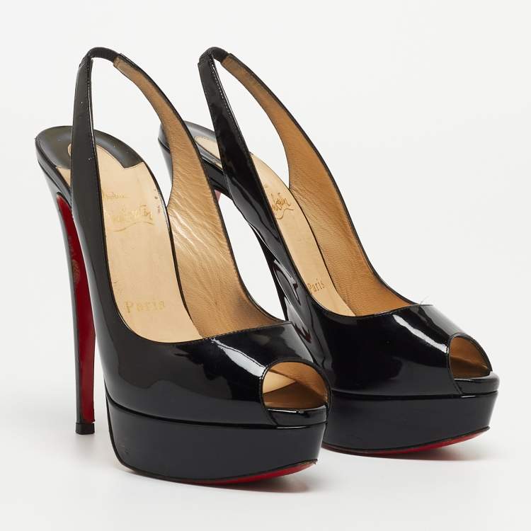 Pre Owned Christian Louboutin Black Patent Leather Private Number Peep Toe Platform Slingback Pumps Size 37