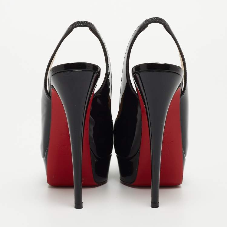 Pre Owned Christian Louboutin Black Patent Leather Private Number Peep Toe Platform Slingback Pumps Size 37