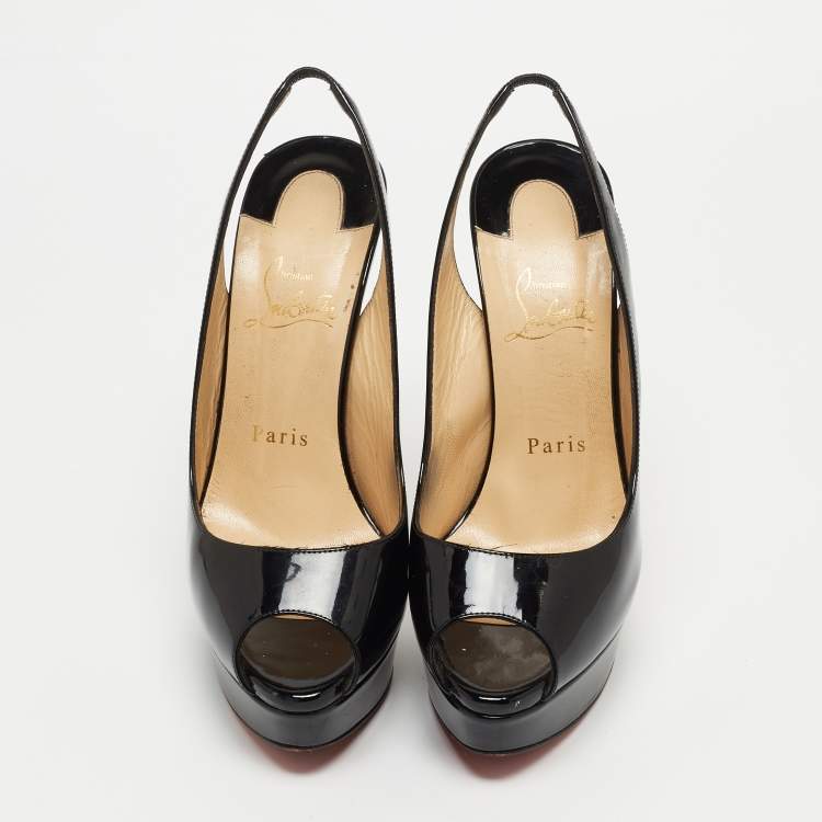 Pre Owned Christian Louboutin Black Patent Leather Private Number Peep Toe Platform Slingback Pumps Size 37