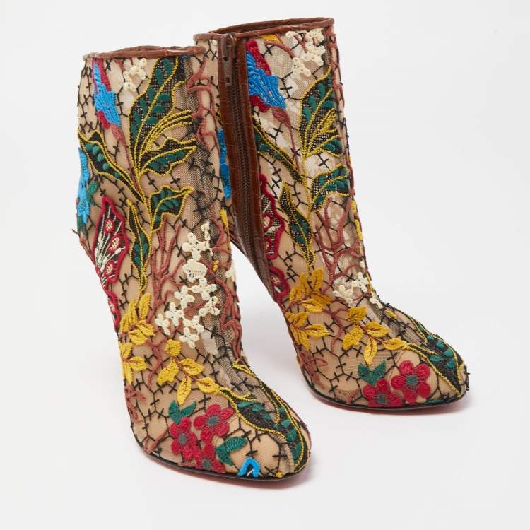 Pre Owned Christian Louboutin Multicolor Mesh and Croc Embossed Miss Tennis Boots Size 37