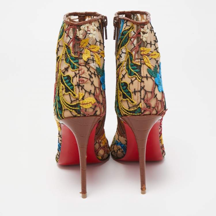 Pre Owned Christian Louboutin Multicolor Mesh and Croc Embossed Miss Tennis Boots Size 37