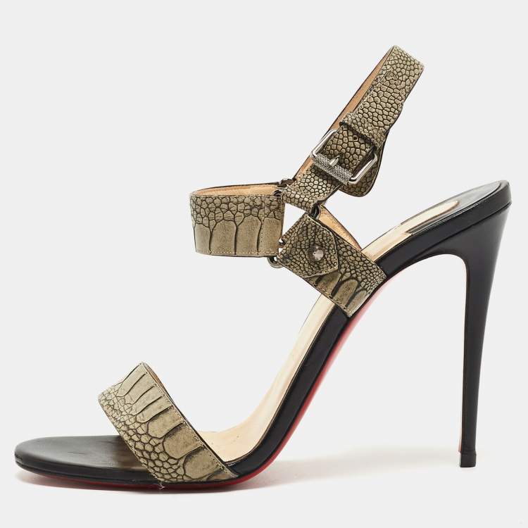 Pre Owned Christian Louboutin Grey Croc-Embossed Leather Sova Ankle Strap Sandals Size 38.5