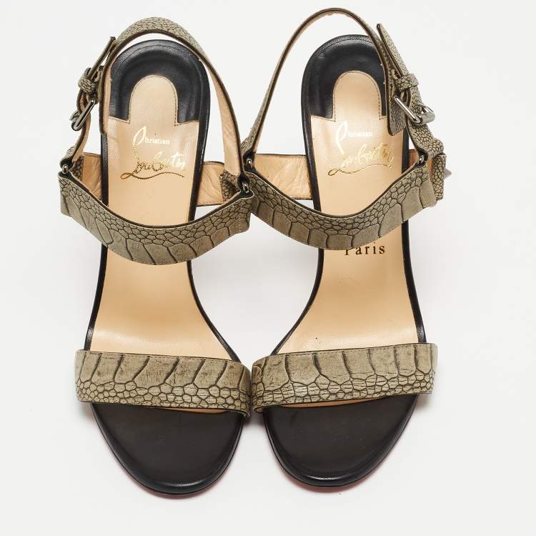 Pre Owned Christian Louboutin Grey Croc-Embossed Leather Sova Ankle Strap Sandals Size 38.5