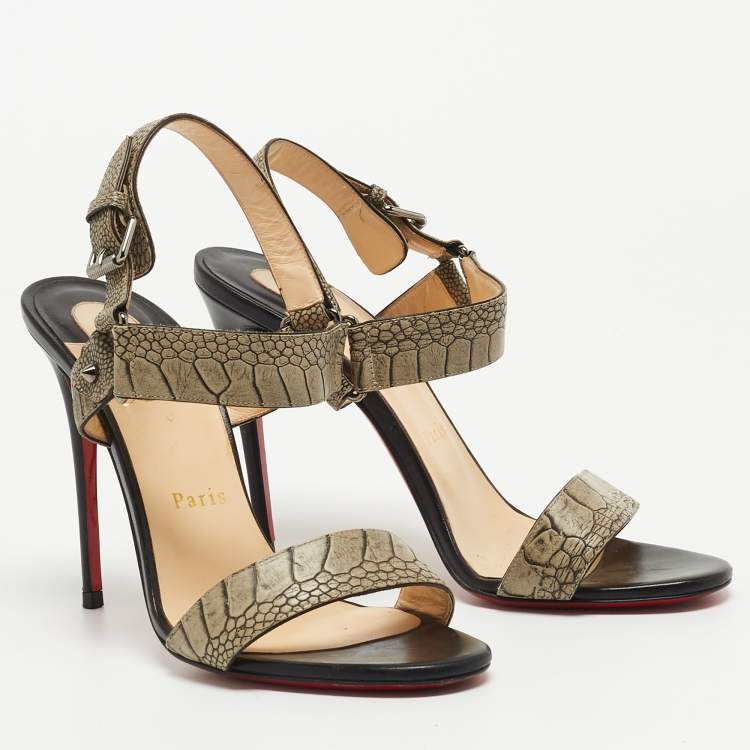 Pre Owned Christian Louboutin Grey Croc-Embossed Leather Sova Ankle Strap Sandals Size 38.5