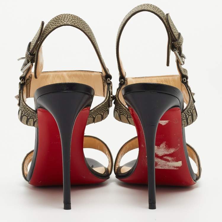 Pre Owned Christian Louboutin Grey Croc-Embossed Leather Sova Ankle Strap Sandals Size 38.5