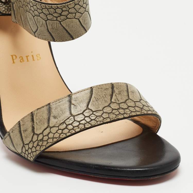 Pre Owned Christian Louboutin Grey Croc-Embossed Leather Sova Ankle Strap Sandals Size 38.5