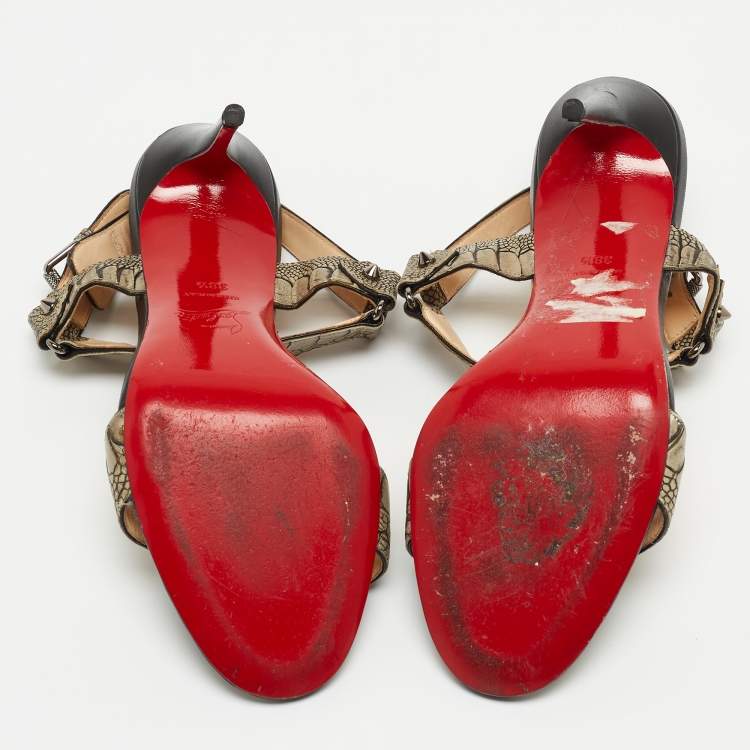 Pre Owned Christian Louboutin Grey Croc-Embossed Leather Sova Ankle Strap Sandals Size 38.5