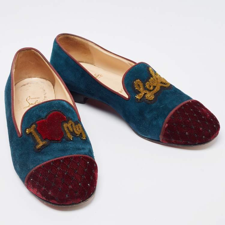 Pre Owned Christian Louboutin Two Tone Suede And Velvet I Love My Loubies Smoking Slippers Size 39