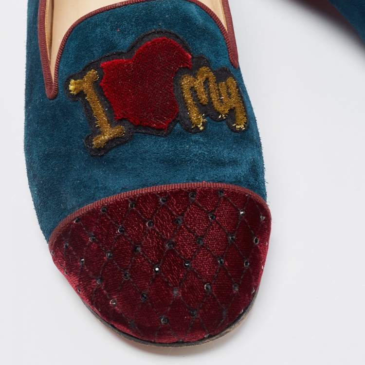 Pre Owned Christian Louboutin Two Tone Suede And Velvet I Love My Loubies Smoking Slippers Size 39