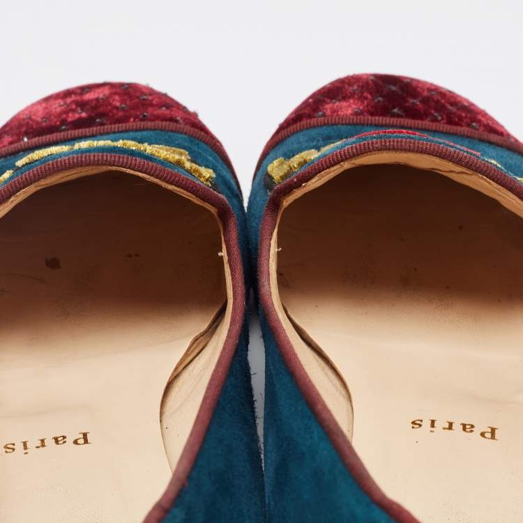 Pre Owned Christian Louboutin Two Tone Suede And Velvet I Love My Loubies Smoking Slippers Size 39