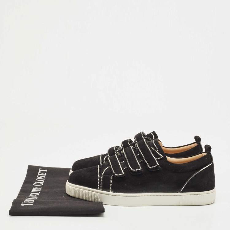 Pre Owned Christian Louboutin Black Suede Kiddo Bordo Embellished Velcro Low Top Sneakers Size 38.5
