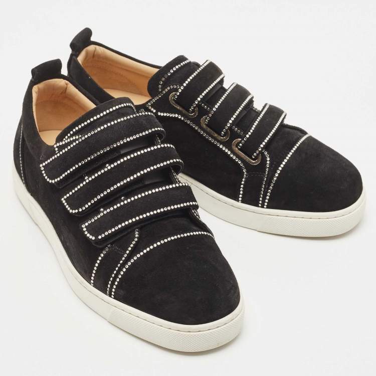 Pre Owned Christian Louboutin Black Suede Kiddo Bordo Embellished Velcro Low Top Sneakers Size 38.5
