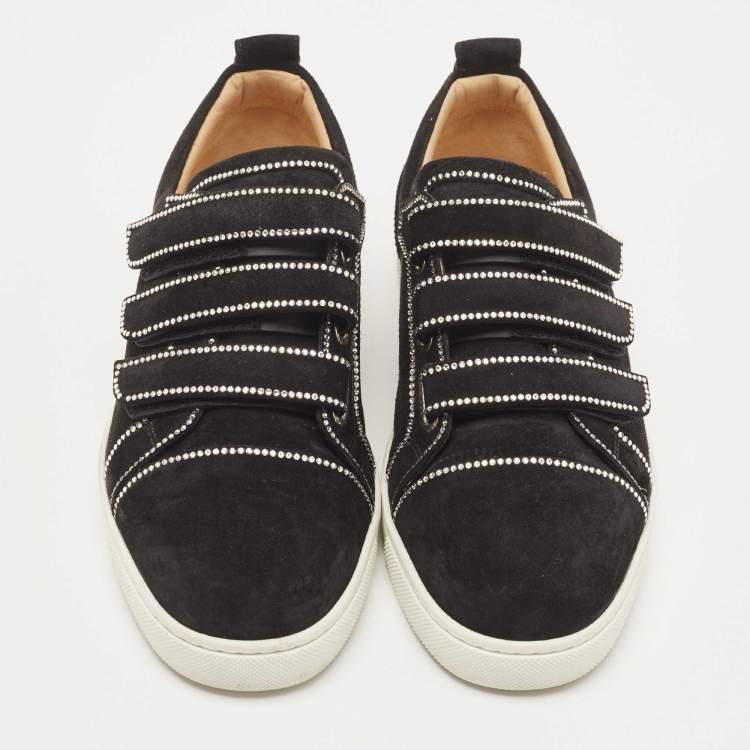 Pre Owned Christian Louboutin Black Suede Kiddo Bordo Embellished Velcro Low Top Sneakers Size 38.5