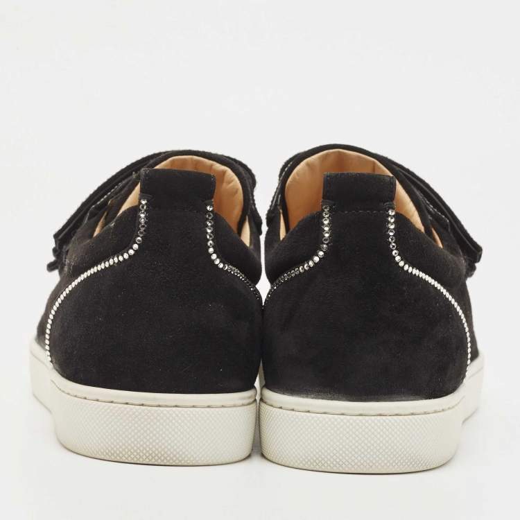 Pre Owned Christian Louboutin Black Suede Kiddo Bordo Embellished Velcro Low Top Sneakers Size 38.5