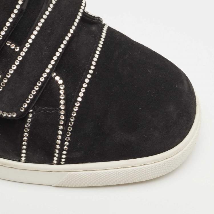 Pre Owned Christian Louboutin Black Suede Kiddo Bordo Embellished Velcro Low Top Sneakers Size 38.5