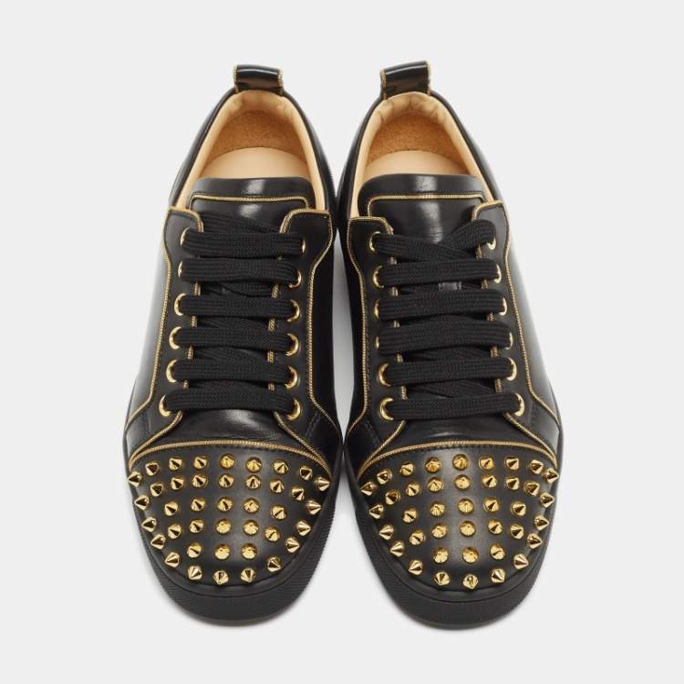 Pre Owned Christian Louboutin Black Leather Louis Junior Spikes Low Top Sneakers Size 36.5