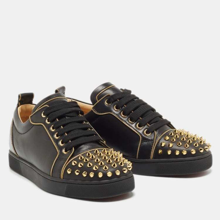 Pre Owned Christian Louboutin Black Leather Louis Junior Spikes Low Top Sneakers Size 36.5
