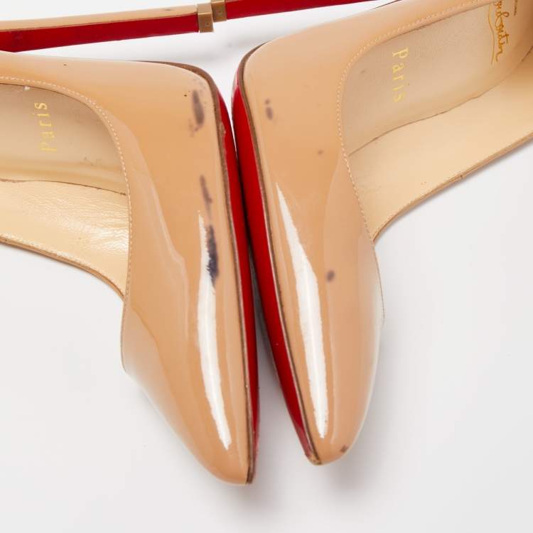 Pre Owned Christian Louboutin Beige Patent Leather So Kate Pointed Toe Pumps Size 37.5
