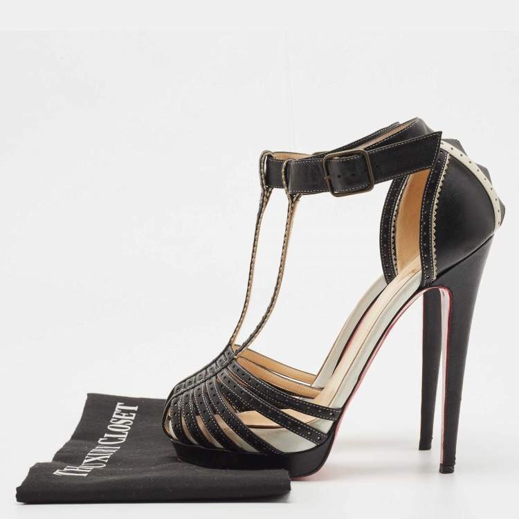 Pre Owned Christian Louboutin Black Perforated Leather Strappy T-Bar Platform Sandals Size 38