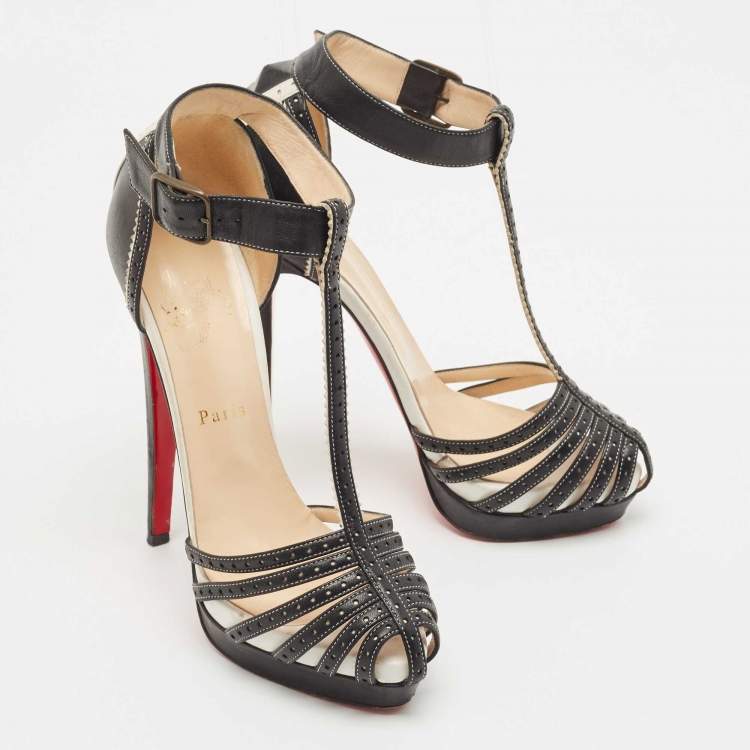 Pre Owned Christian Louboutin Black Perforated Leather Strappy T-Bar Platform Sandals Size 38