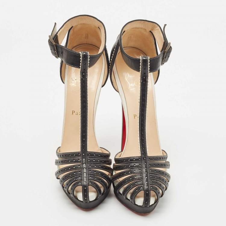 Pre Owned Christian Louboutin Black Perforated Leather Strappy T-Bar Platform Sandals Size 38