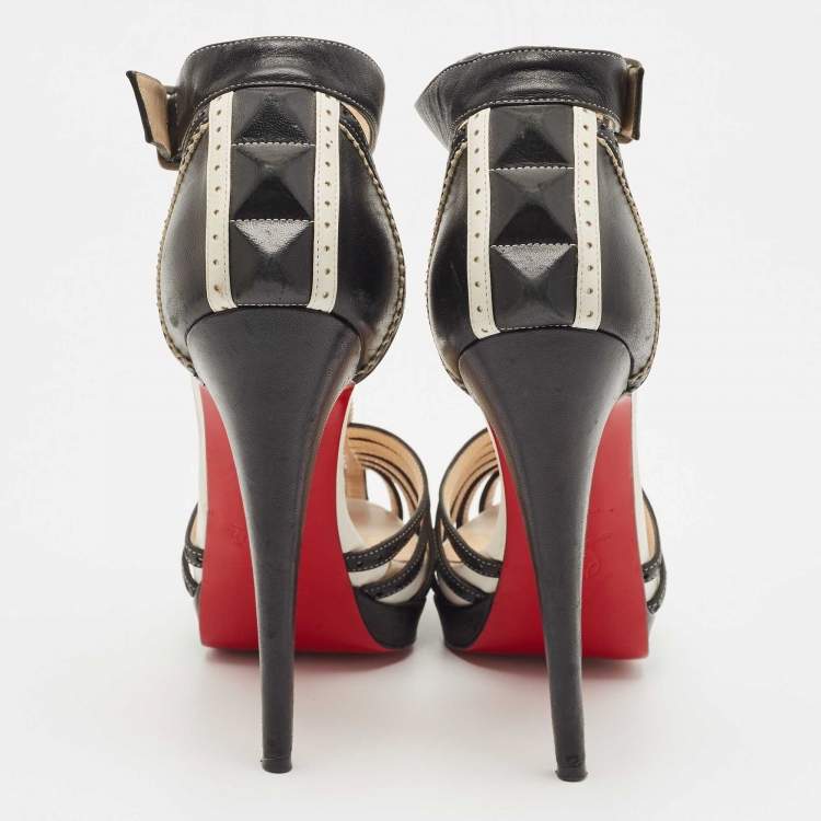 Pre Owned Christian Louboutin Black Perforated Leather Strappy T-Bar Platform Sandals Size 38