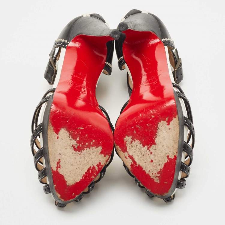 Pre Owned Christian Louboutin Black Perforated Leather Strappy T-Bar Platform Sandals Size 38