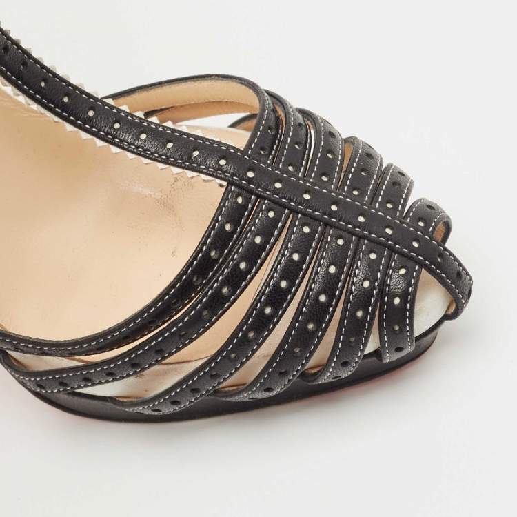 Pre Owned Christian Louboutin Black Perforated Leather Strappy T-Bar Platform Sandals Size 38