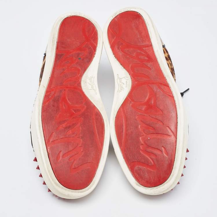Pre Owned Christian Louboutin Multicolor Leather And Leopard Print Canvas Louis Junior Spikes Sneakers Size 36
