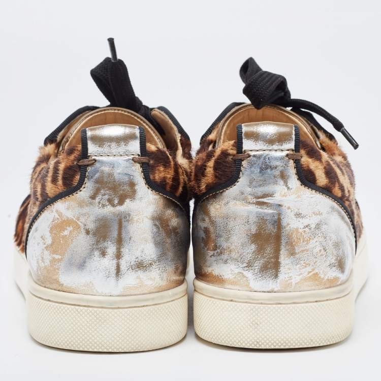 Pre Owned Christian Louboutin Multicolor Leather And Leopard Print Canvas Louis Junior Spikes Sneakers Size 36
