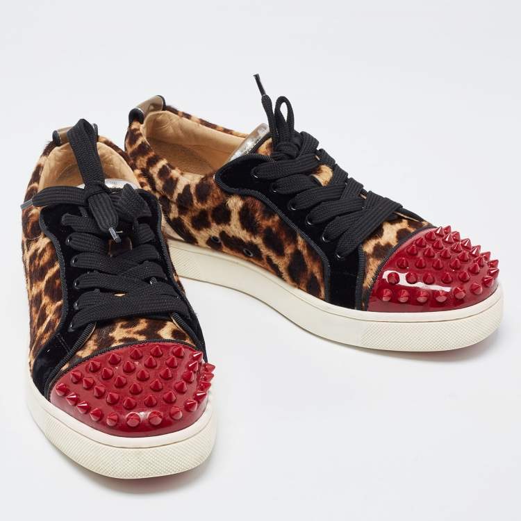 Pre Owned Christian Louboutin Multicolor Leather And Leopard Print Canvas Louis Junior Spikes Sneakers Size 36