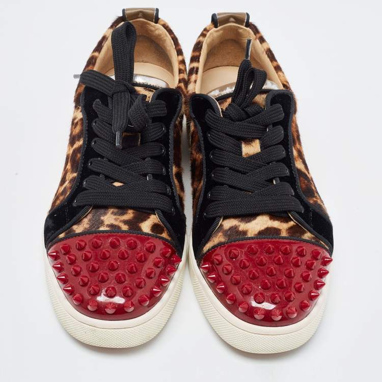 Pre Owned Christian Louboutin Multicolor Leather And Leopard Print Canvas Louis Junior Spikes Sneakers Size 36