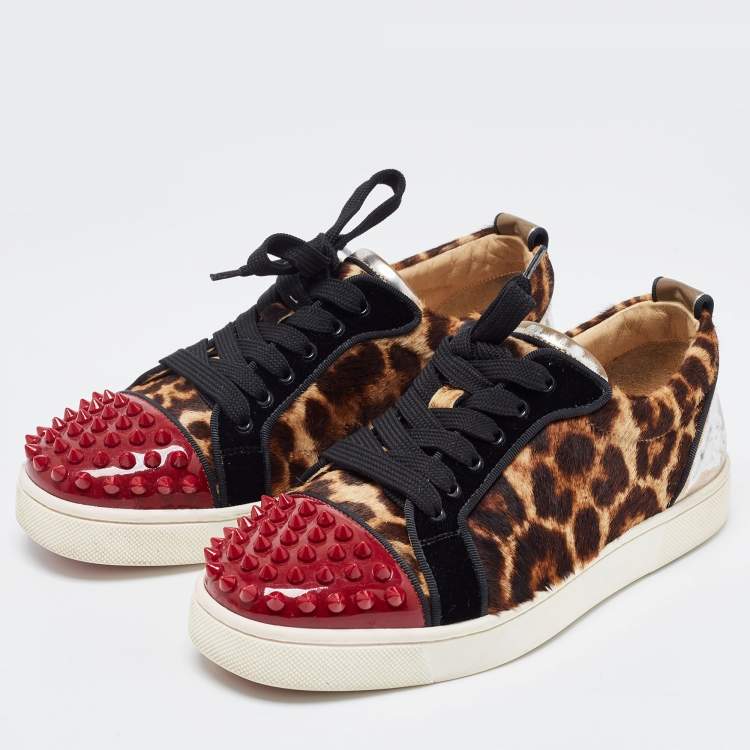 Christian Louboutin Multicolor Leather And Leopard Print Canvas Louis  Junior Spikes Sneakers Size 36 Christian Louboutin