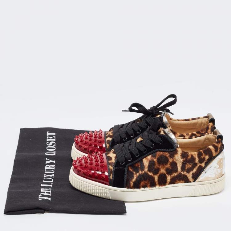 Pre Owned Christian Louboutin Multicolor Leather And Leopard Print Canvas Louis Junior Spikes Sneakers Size 36