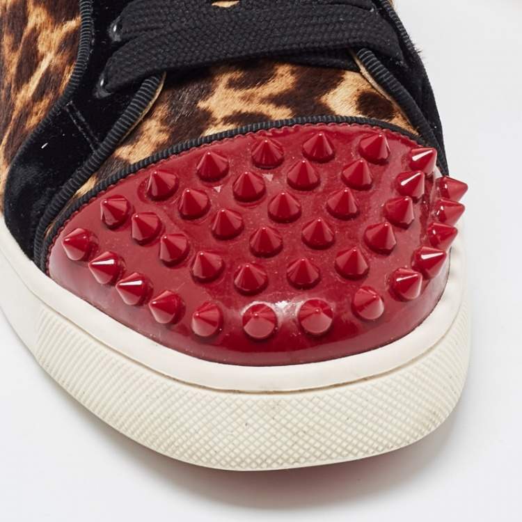 Pre Owned Christian Louboutin Multicolor Leather And Leopard Print Canvas Louis Junior Spikes Sneakers Size 36