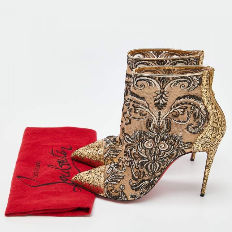 Pre Owned Christian Louboutin Gold/Black Embroidered Mesh and Leather Gipsy Ankle Boots Size 39
