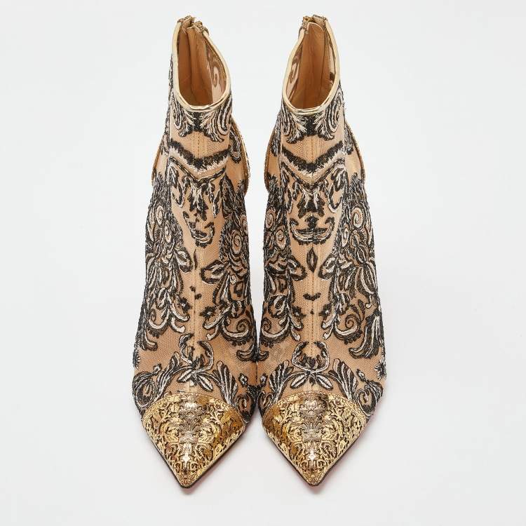 Pre Owned Christian Louboutin Gold/Black Embroidered Mesh and Leather Gipsy Ankle Boots Size 39