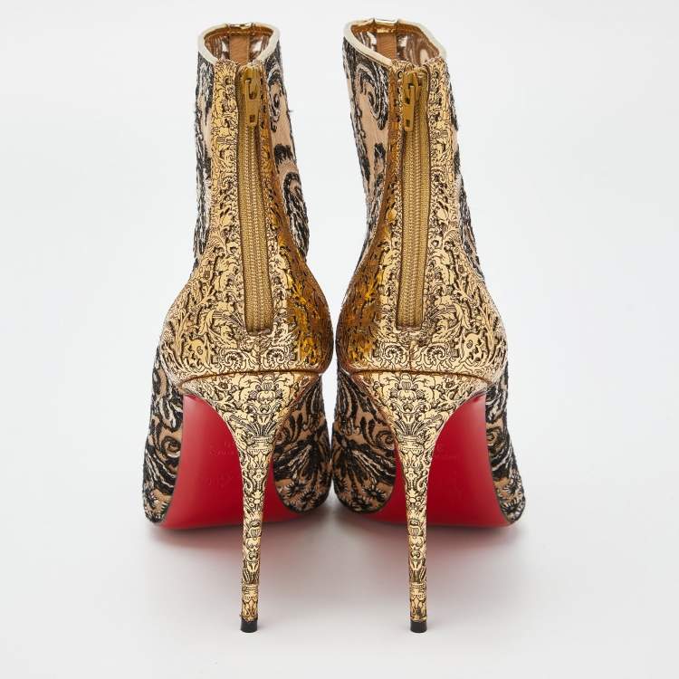 Pre Owned Christian Louboutin Gold/Black Embroidered Mesh and Leather Gipsy Ankle Boots Size 39