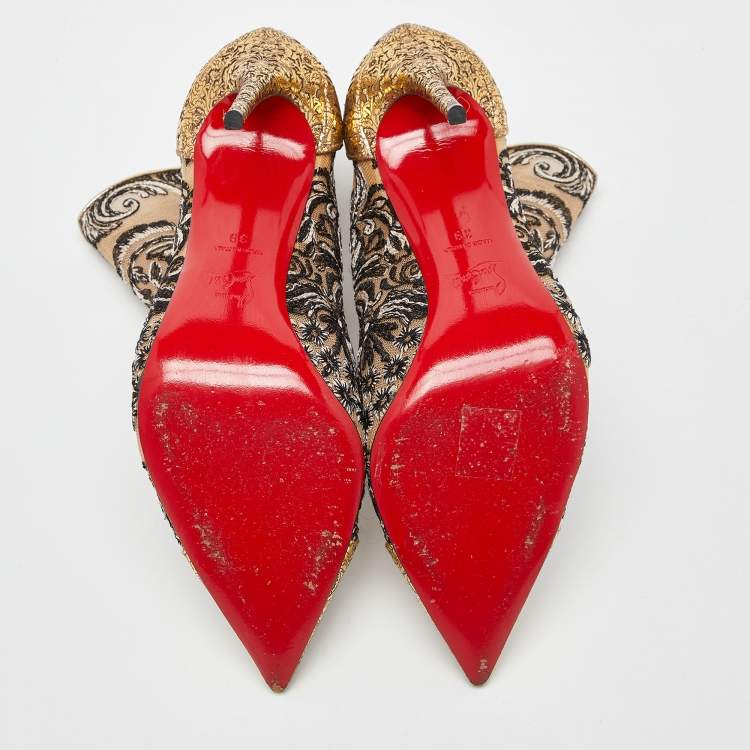 Pre Owned Christian Louboutin Gold/Black Embroidered Mesh and Leather Gipsy Ankle Boots Size 39