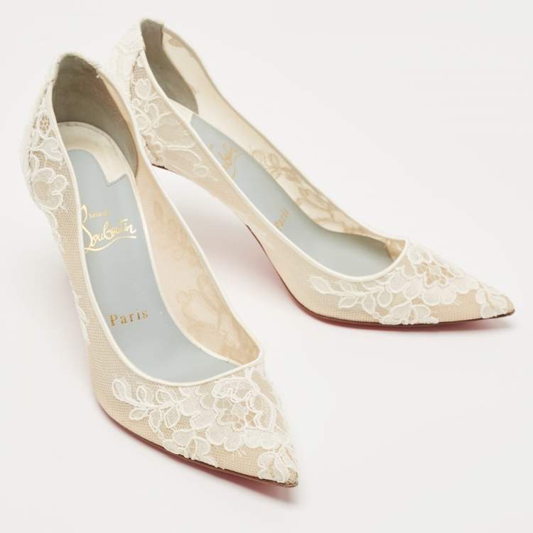 Pre Owned Christian Louboutin White Mesh and Lace Follies Pumps Size 37.5