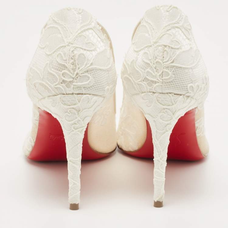 Pre Owned Christian Louboutin White Mesh and Lace Follies Pumps Size 37.5