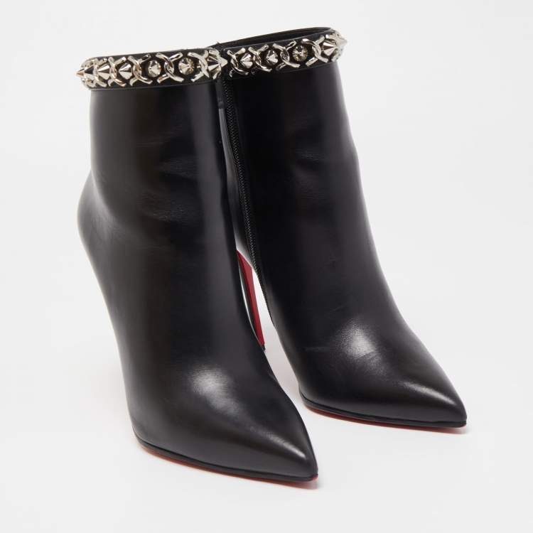 Pre Owned Christian Louboutin Black Leather Booty Chain Ankle Boots Size 39