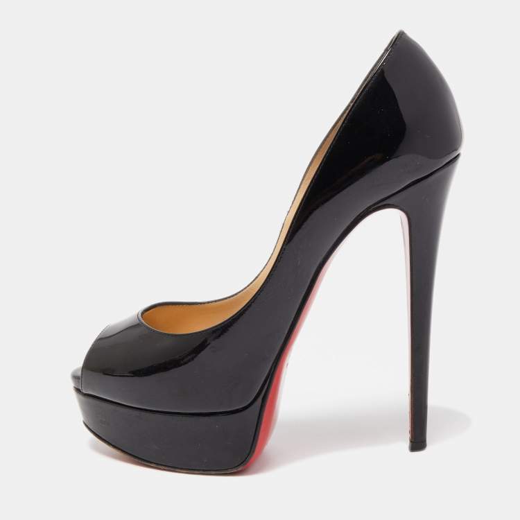 Pre Owned Christian Louboutin Black Patent Leather Lady Peep Platform Pumps Size 35.5
