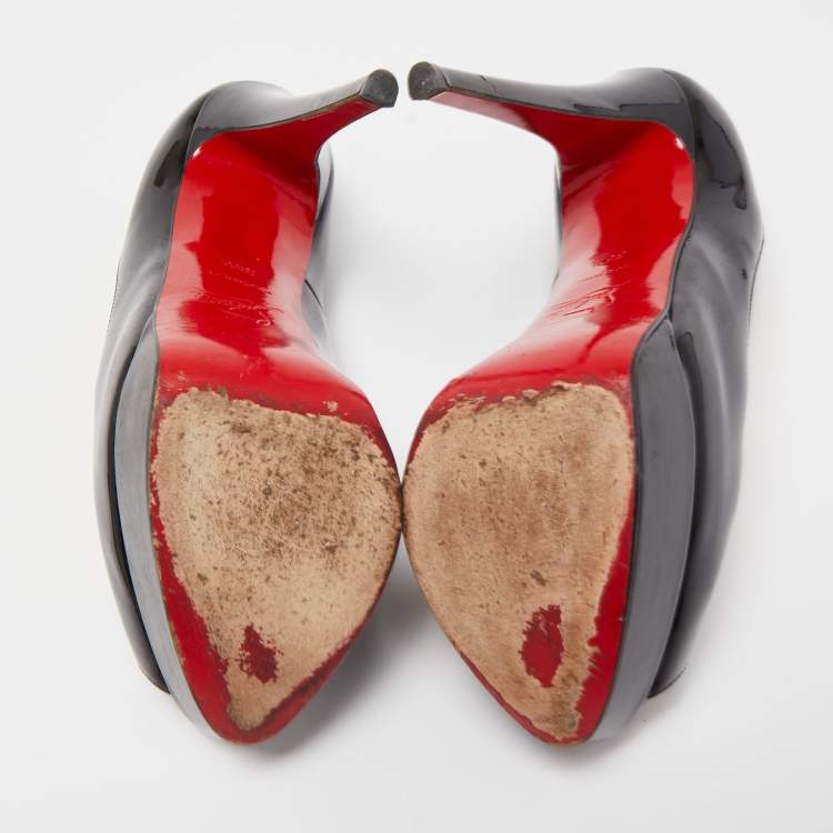 Pre Owned Christian Louboutin Black Patent Leather Lady Peep Platform Pumps Size 35.5