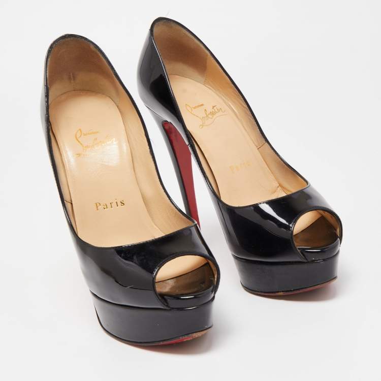 Pre Owned Christian Louboutin Black Patent Leather Lady Peep Platform Pumps Size 35.5